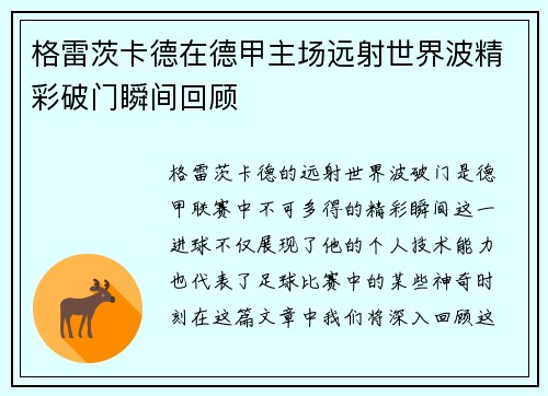 格雷茨卡德在德甲主场远射世界波精彩破门瞬间回顾