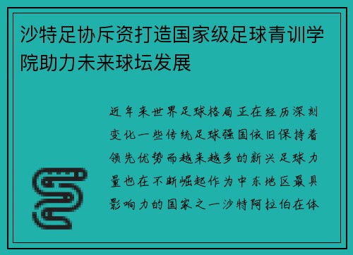 沙特足协斥资打造国家级足球青训学院助力未来球坛发展